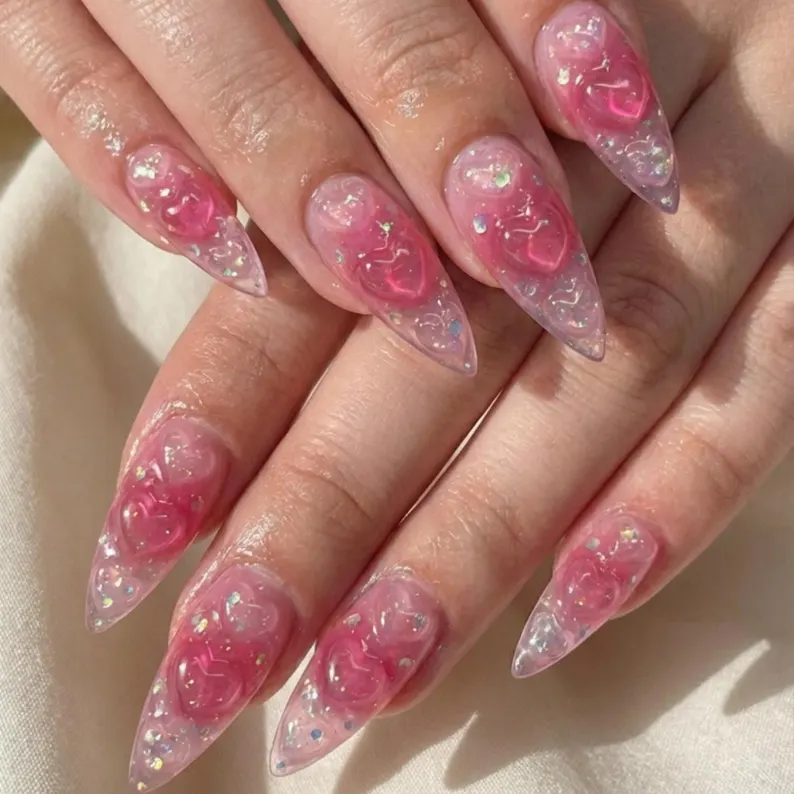 3D gummy heart, press on nails, custom press on nails, fake nails, Nails Art, stained glass nails, gold press on nails, 3d press on nails, luxury press on nails, handmade press on nails