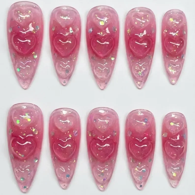 pink aura, stiletto nails, press on nails, custom press on nails, fake nails, Nails Art, stained glass nails, gold press on nails, 3d press on nails, luxury press on nails, handmade press on nails