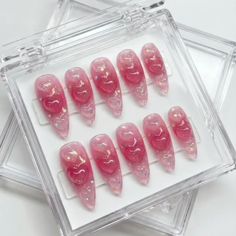 pink stiletto, 3D heart nails, press on nails, custom press on nails, fake nails, Nails Art, stained glass nails, gold press on nails, 3d press on nails, luxury press on nails, handmade press on nails