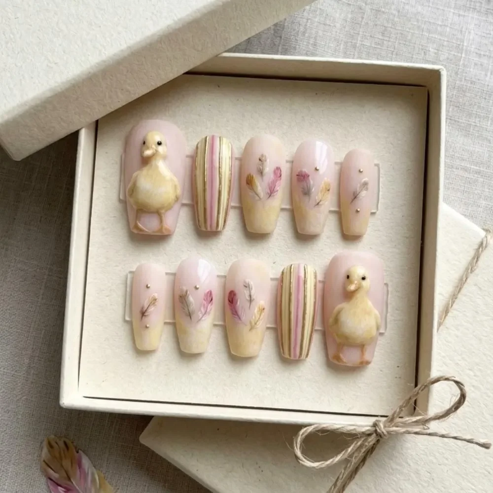 duckling nail design, pastel feather nails, press on nails, custom press on nails, fake nails, Nails Art, stained glass nails, gold press on nails, 3d press on nails, luxury press on nails, handmade press on nails