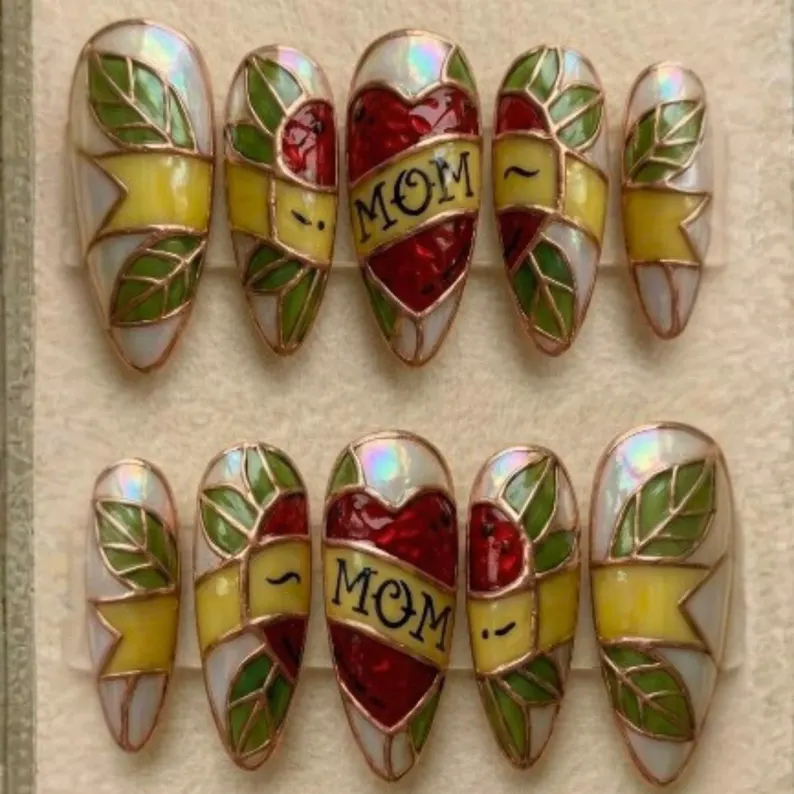 Vintage Tattoo, Press On Nails, press on nails, custom press on nails, fake nails, Nails Art, stained glass nails, gold press on nails, 3d press on nails, luxury press on nails, handmade press on nails
