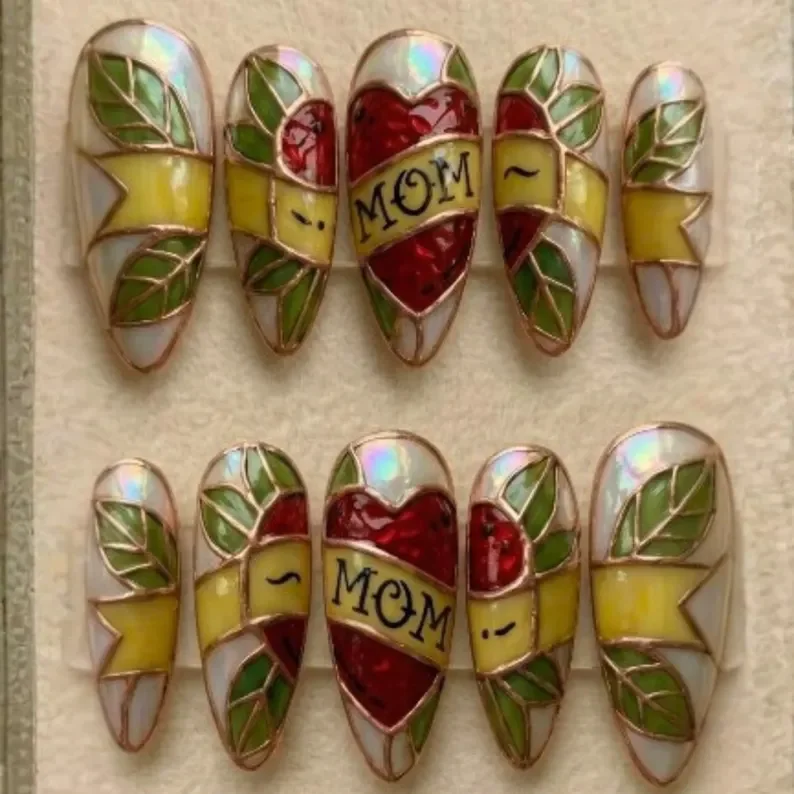 3D Hand Painted, Stained Glass Nails, press on nails, custom press on nails, fake nails, Nails Art, stained glass nails, gold press on nails, 3d press on nails, luxury press on nails, handmade press on nails