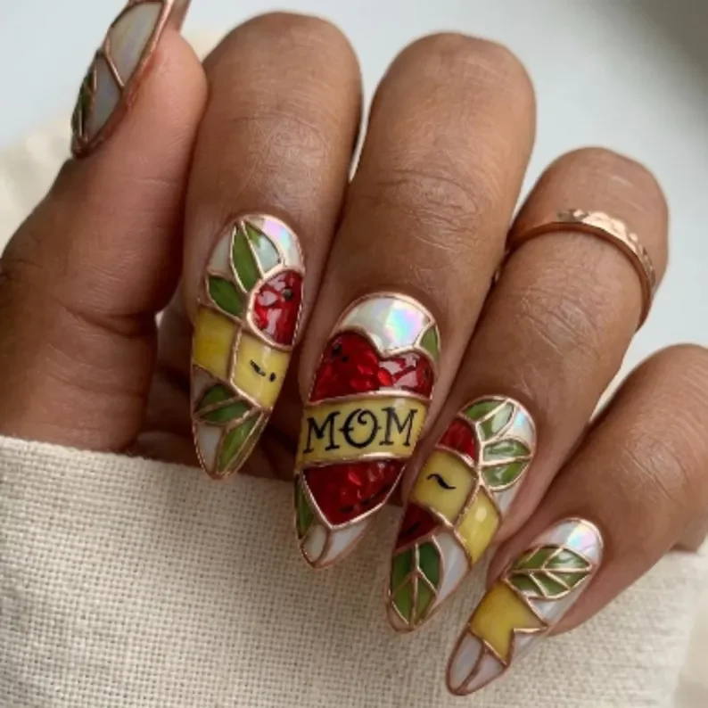 Vintage Tattoo, Press On Nails, press on nails, custom press on nails, fake nails, Nails Art, stained glass nails, gold press on nails, 3d press on nails, luxury press on nails, handmade press on nails