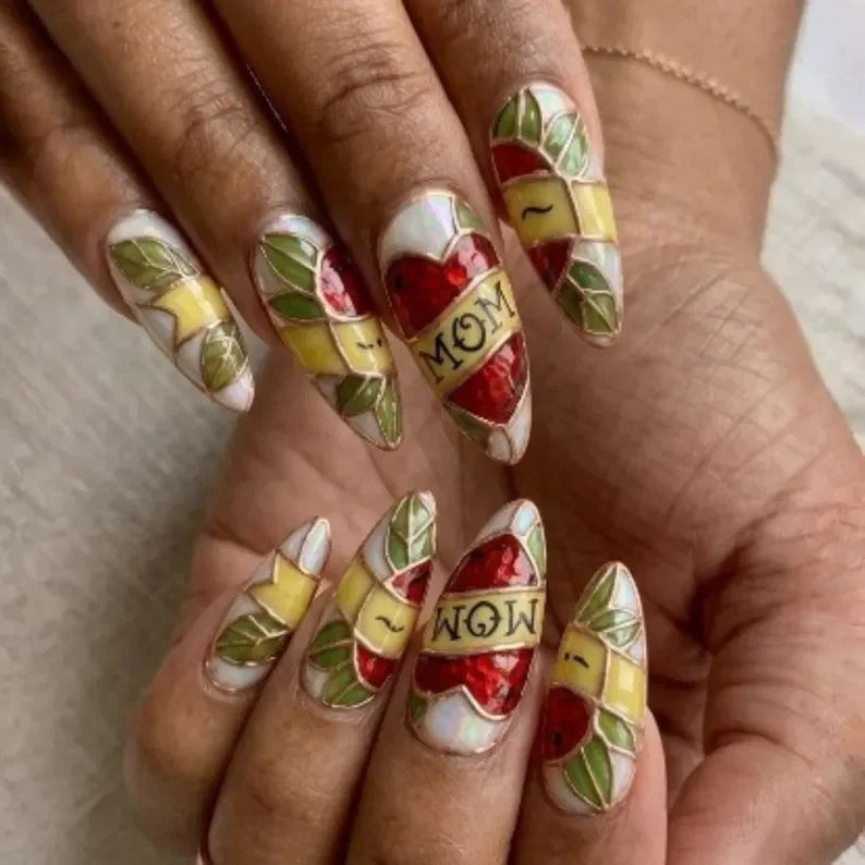 MOM Nail Design, 3D Glass Effect, press on nails, custom press on nails, fake nails, Nails Art, stained glass nails, gold press on nails, 3d press on nails, luxury press on nails, handmade press on nails