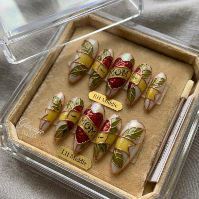 3D Hand Painted, Stained Glass Nails, press on nails, custom press on nails, fake nails, Nails Art, stained glass nails, gold press on nails, 3d press on nails, luxury press on nails, handmade press on nails