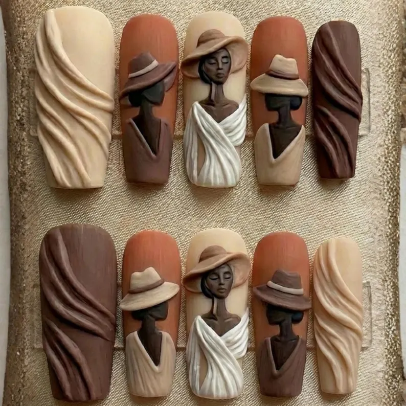 sculpted portrait nails, black woman nails, press on nails, custom press on nails, fake nails, Nails Art, stained glass nails, gold press on nails, 3d press on nails, luxury press on nails, handmade press on nails