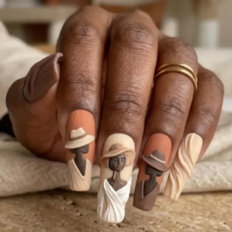 sculpted portrait nails, black woman nails, press on nails, custom press on nails, fake nails, Nails Art, stained glass nails, gold press on nails, 3d press on nails, luxury press on nails, handmade press on nails