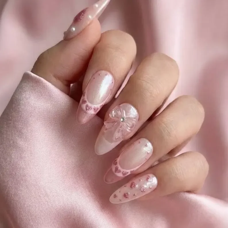 iridescent pearl, valentine's day nails, press on nails, custom press on nails, fake nails, Nails Art, stained glass nails, gold press on nails, 3d press on nails, luxury press on nails, handmade press on nails