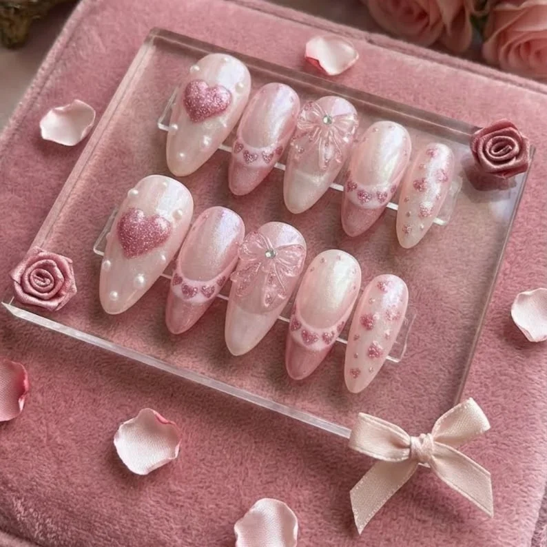heart bow design, pearl nail art, press on nails, custom press on nails, fake nails, Nails Art, stained glass nails, gold press on nails, 3d press on nails, luxury press on nails, handmade press on nails