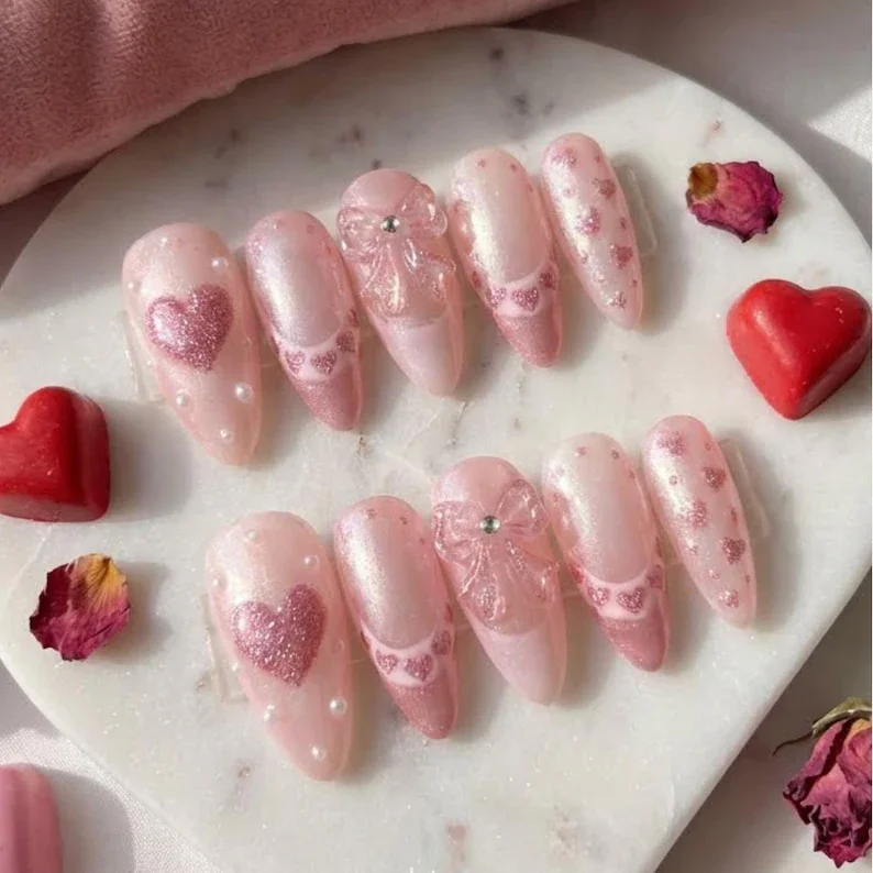 iridescent pearl, valentine's day nails, press on nails, custom press on nails, fake nails, Nails Art, stained glass nails, gold press on nails, 3d press on nails, luxury press on nails, handmade press on nails