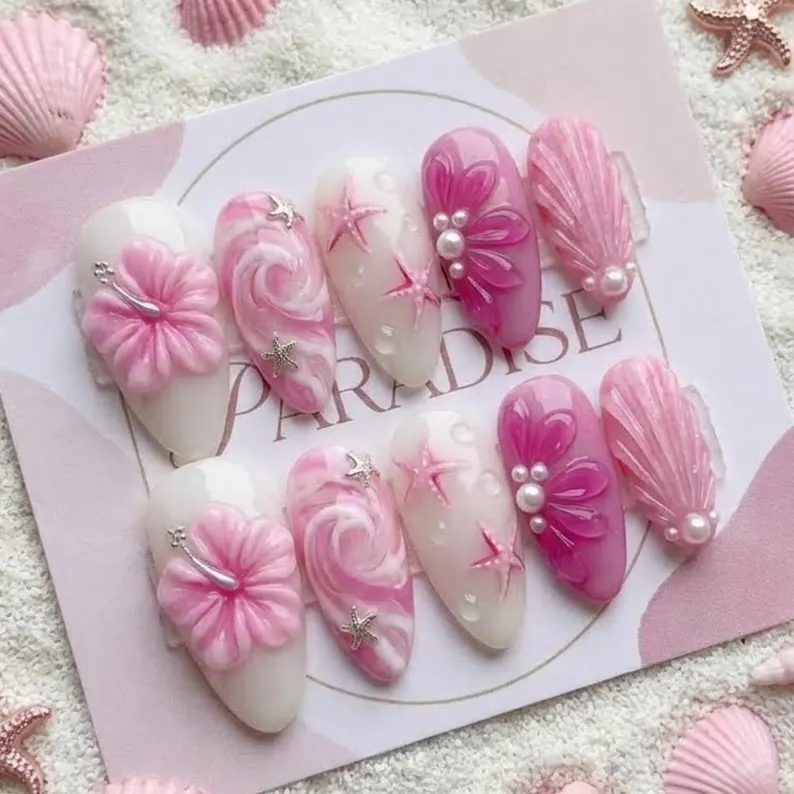 pink nail art, mermaid seashell, press on nails, custom press on nails, fake nails, Nails Art, stained glass nails, gold press on nails, 3d press on nails, luxury press on nails, handmade press on nails