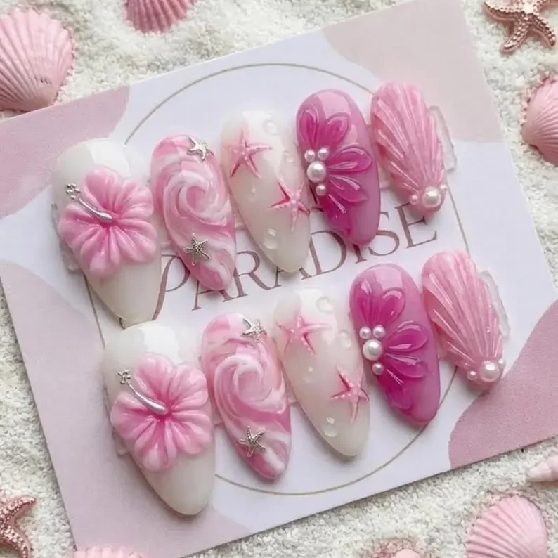 3D hibiscus nails, press on nails, custom press on nails, fake nails, Nails Art, stained glass nails, gold press on nails, 3d press on nails, luxury press on nails, handmade press on nails