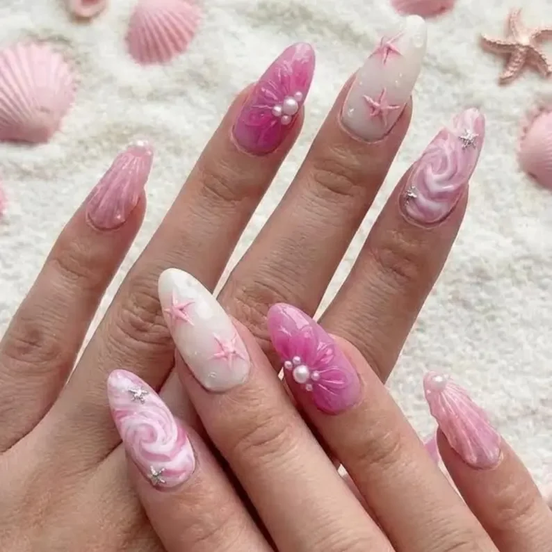 pink nail art, mermaid seashell, press on nails, custom press on nails, fake nails, Nails Art, stained glass nails, gold press on nails, 3d press on nails, luxury press on nails, handmade press on nails