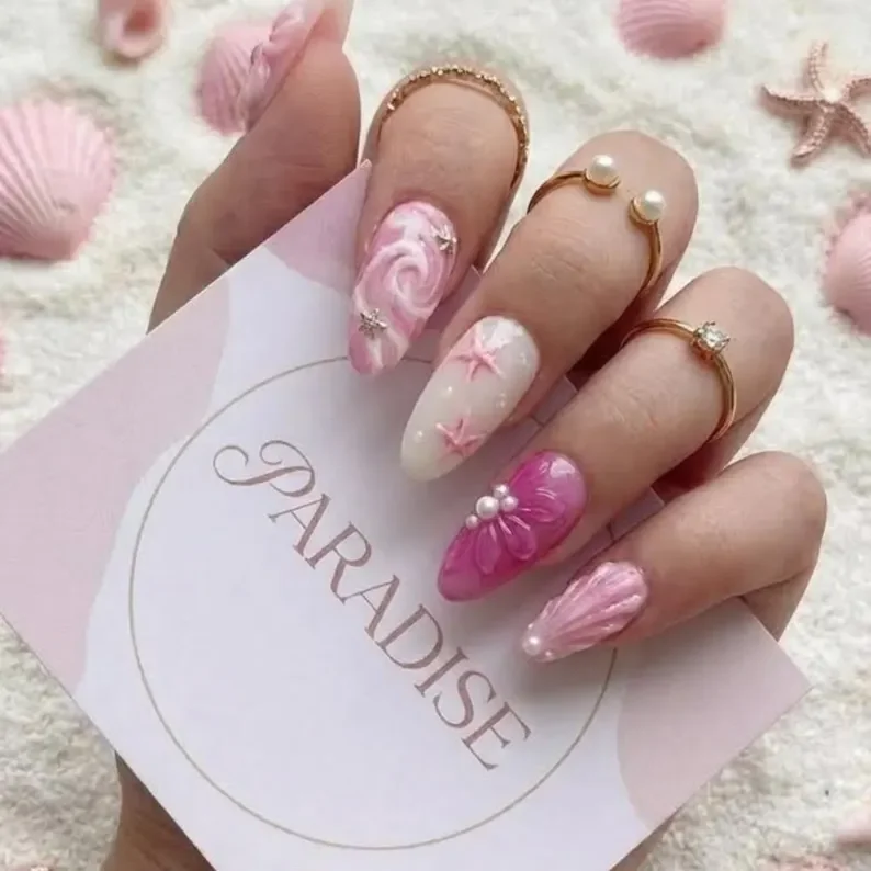 seashell nail design, tropical nail art, press on nails, custom press on nails, fake nails, Nails Art, stained glass nails, gold press on nails, 3d press on nails, luxury press on nails, handmade press on nails