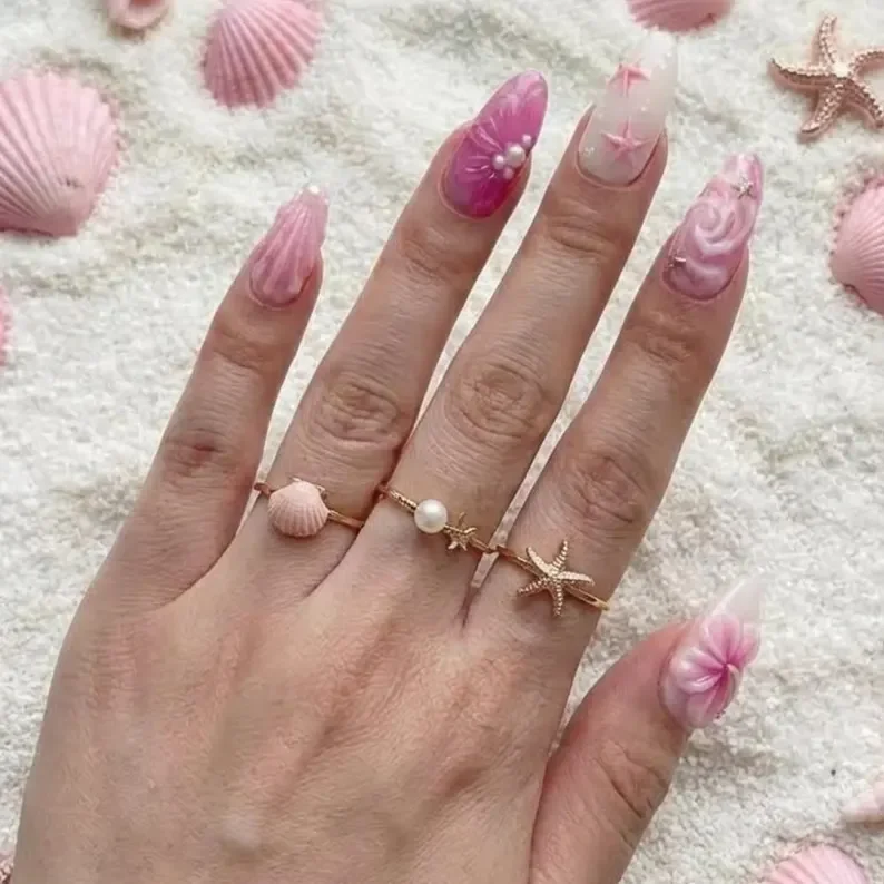 summer nail set, beach themed nails, press on nails, custom press on nails, fake nails, Nails Art, stained glass nails, gold press on nails, 3d press on nails, luxury press on nails, handmade press on nails