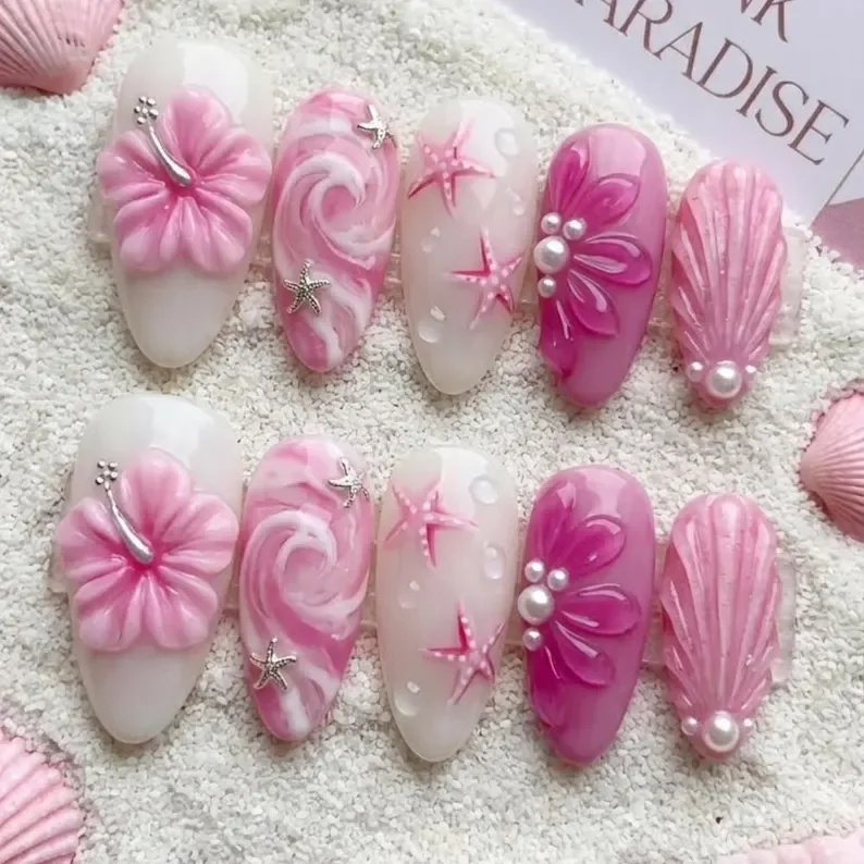 3D hibiscus nails, press on nails, custom press on nails, fake nails, Nails Art, stained glass nails, gold press on nails, 3d press on nails, luxury press on nails, handmade press on nails