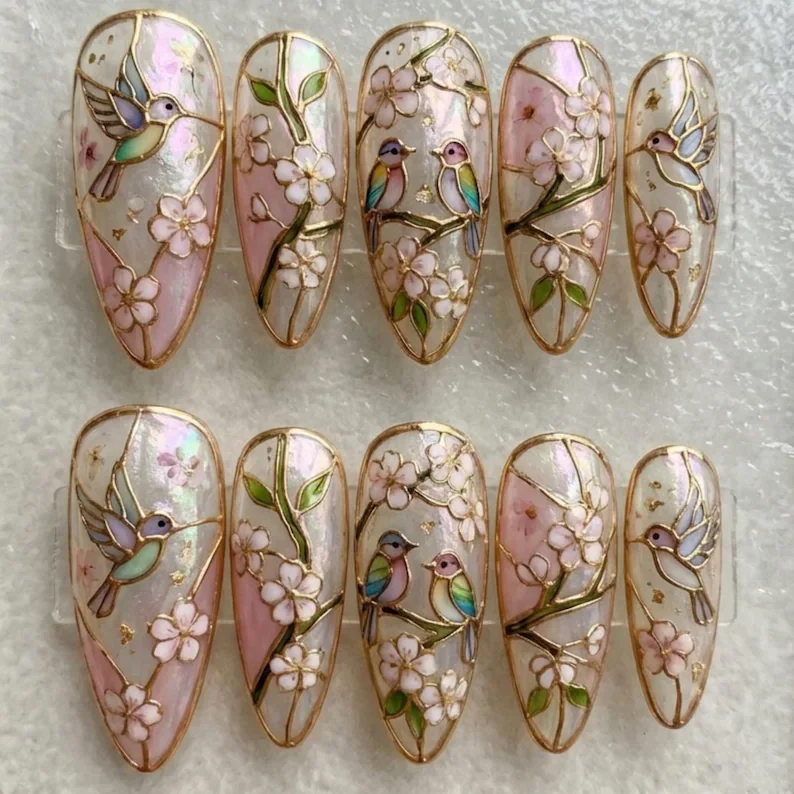 3D Hummingbird nails, Stained glass nails, press on nails, custom press on nails, fake nails, Nails Art, stained glass nails, gold press on nails, 3d press on nails, luxury press on nails, handmade press on nails