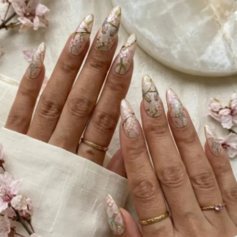Sakura floral nails, Cathedra nail design, press on nails, custom press on nails, fake nails, Nails Art, stained glass nails, gold press on nails, 3d press on nails, luxury press on nails, handmade press on nails