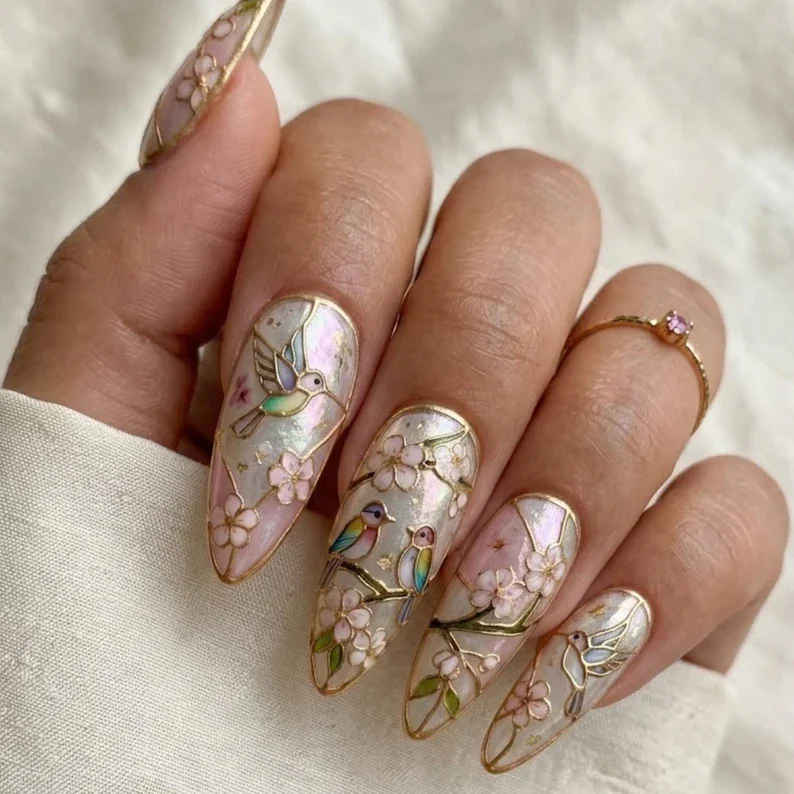 Hummingbird nail art, Floral stained glass, press on nails, custom press on nails, fake nails, Nails Art, stained glass nails, gold press on nails, 3d press on nails, luxury press on nails, handmade press on nails
