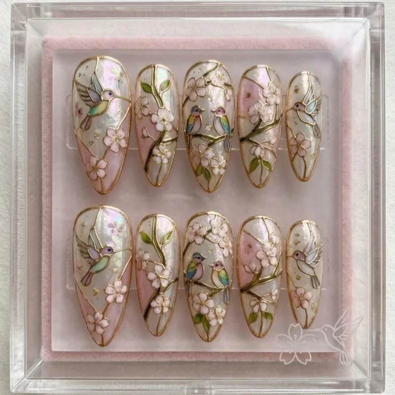 Iridescent sakura nails, 3D Hummingbird nails, press on nails, custom press on nails, fake nails, Nails Art, stained glass nails, gold press on nails, 3d press on nails, luxury press on nails, handmade press on nails