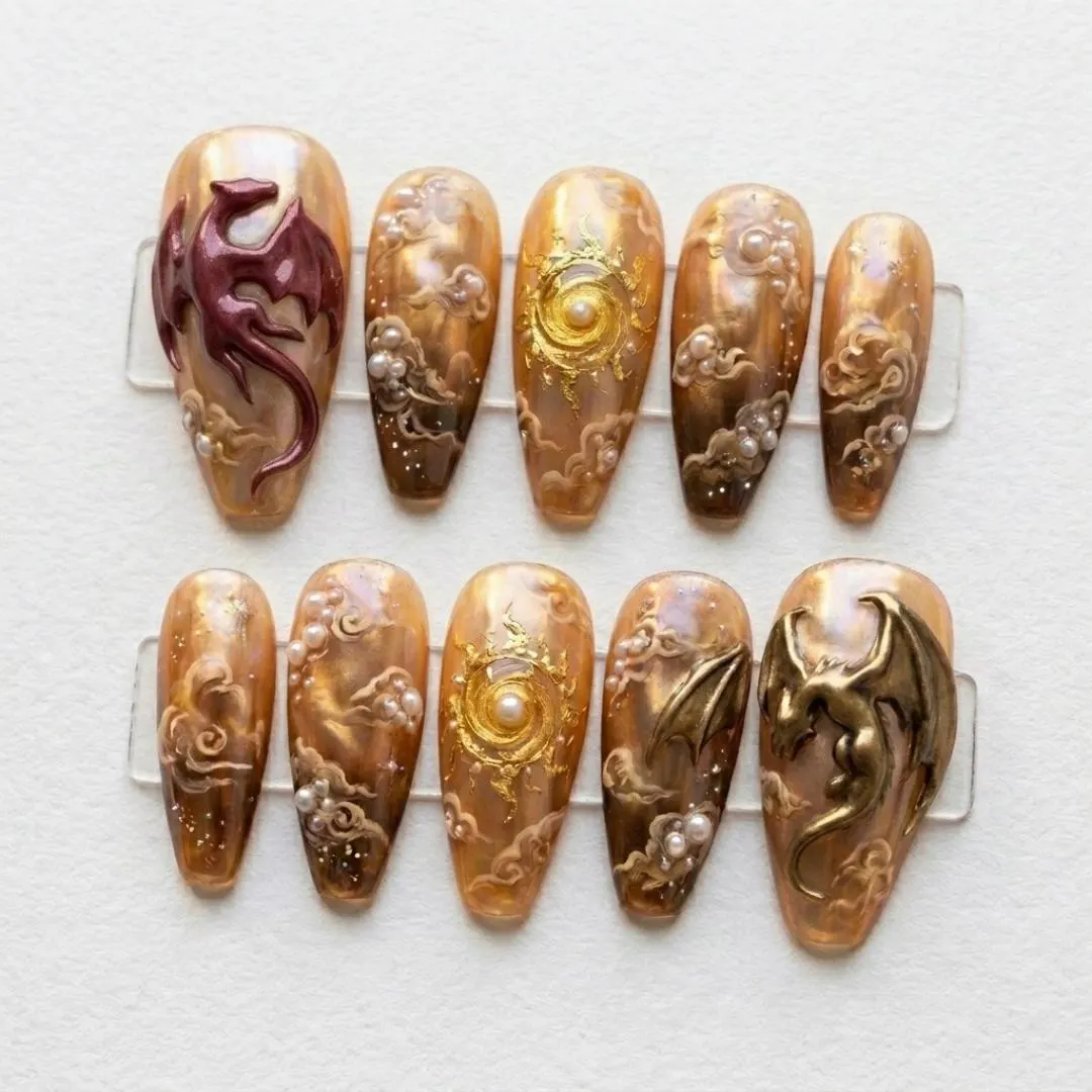 3D Imperial Dragon, Press On Nails, press on nails, custom press on nails, fake nails, Nails Art, stained glass nails, gold press on nails, 3d press on nails, luxury press on nails, handmade press on nails