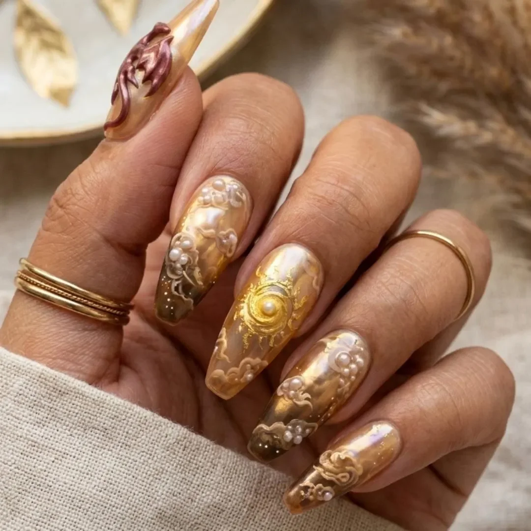 Golden Sun Art, Celestial Fantasy, press on nails, custom press on nails, fake nails, Nails Art, stained glass nails, gold press on nails, 3d press on nails, luxury press on nails, handmade press on nails