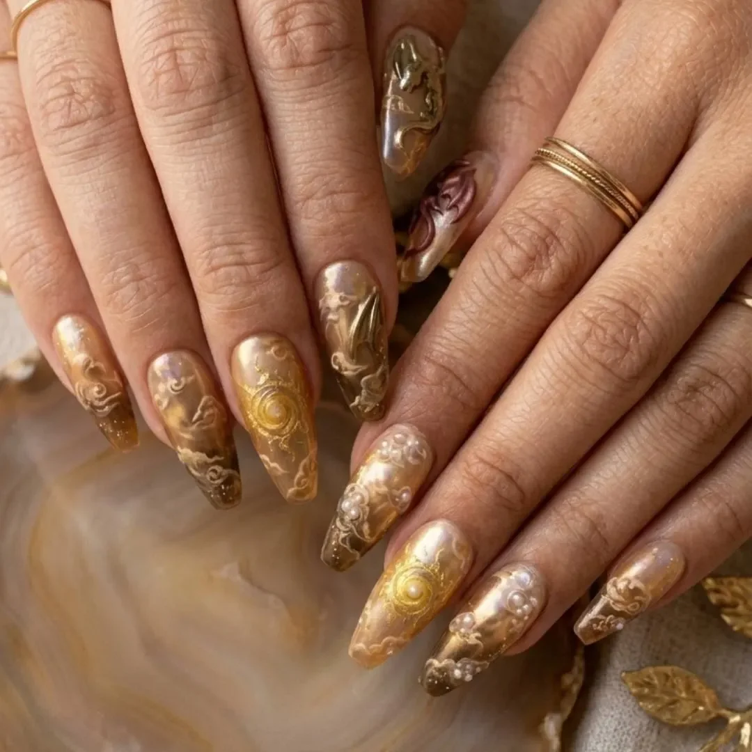 Dragon Nail Design, Golden Sun Theme, press on nails, custom press on nails, fake nails, Nails Art, stained glass nails, gold press on nails, 3d press on nails, luxury press on nails, handmade press on nails
