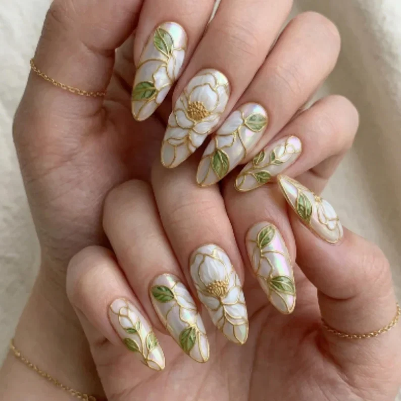 Stained Glass Nails, White Camellia Nails, press on nails, custom press on nails, fake nails, Nails Art, stained glass nails, gold press on nails, 3d press on nails, luxury press on nails, handmade press on nails