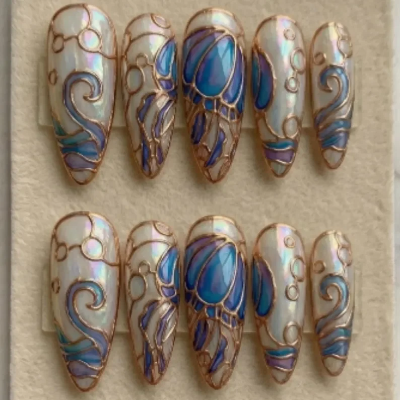3D Jellyfish Nails, Press On Nails, press on nails, custom press on nails, fake nails, Nails Art, stained glass nails, gold press on nails, 3d press on nails, luxury press on nails, handmade press on nails