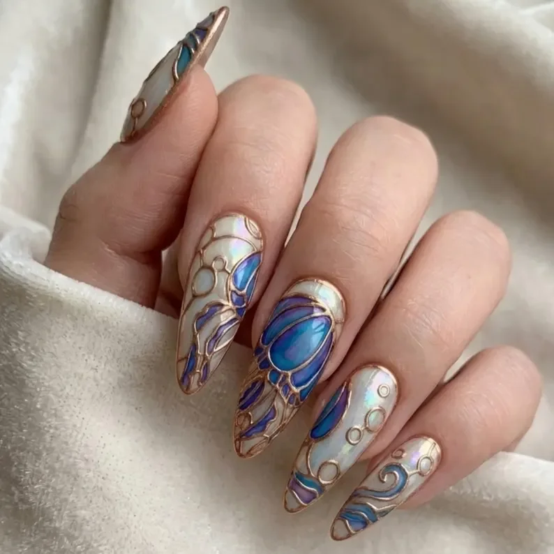 Iridescent Opal, Rose Gold Nails, press on nails, custom press on nails, fake nails, Nails Art, stained glass nails, gold press on nails, 3d press on nails, luxury press on nails, handmade press on nails