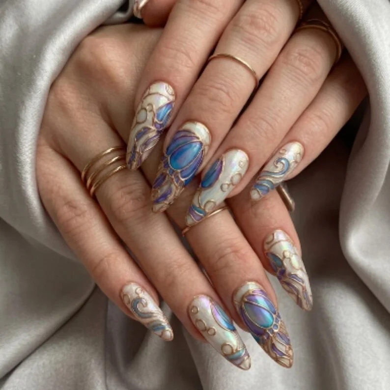 Stained Glass Art, Opal Iridescent, press on nails, custom press on nails, fake nails, Nails Art, stained glass nails, gold press on nails, 3d press on nails, luxury press on nails, handmade press on nails