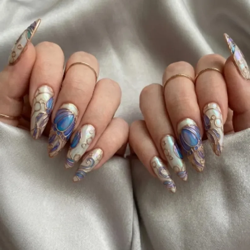 Jellyfish Nail Art, Rose Gold Stained, press on nails, custom press on nails, fake nails, Nails Art, stained glass nails, gold press on nails, 3d press on nails, luxury press on nails, handmade press on nails