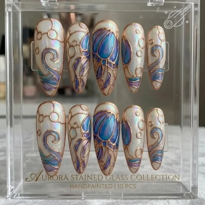 3D Nail Design, 3D Jellyfish Nails, press on nails, custom press on nails, fake nails, Nails Art, stained glass nails, gold press on nails, 3d press on nails, luxury press on nails, handmade press on nails