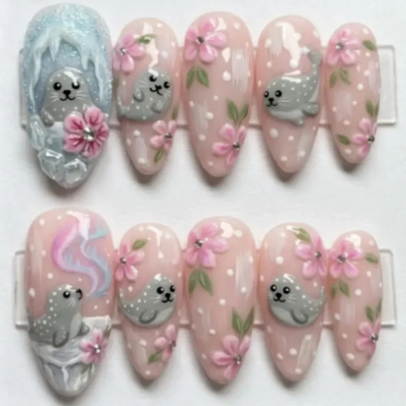 3D Kawaii nails, Aurora seal, press on nails, custom press on nails, fake nails, Nails Art, stained glass nails, gold press on nails, 3d press on nails, luxury press on nails, handmade press on nails