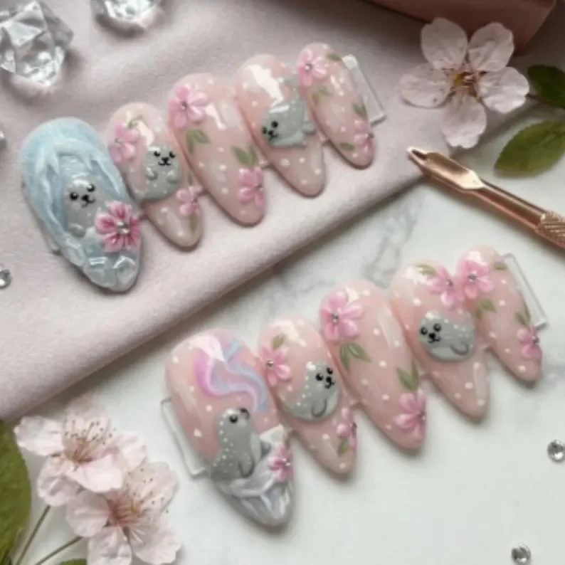3D Kawaii nails, Aurora seal, press on nails, custom press on nails, fake nails, Nails Art, stained glass nails, gold press on nails, 3d press on nails, luxury press on nails, handmade press on nails
