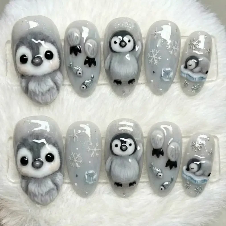 3D Kawaii Baby, Penguin press on, press on nails, custom press on nails, fake nails, Nails Art, stained glass nails, gold press on nails, 3d press on nails, luxury press on nails, handmade press on nails