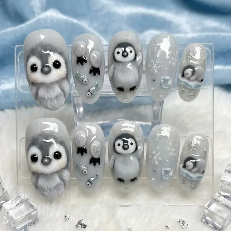 Kawaii nail design, Baby penguin nails, press on nails, custom press on nails, fake nails, Nails Art, stained glass nails, gold press on nails, 3d press on nails, luxury press on nails, handmade press on nails