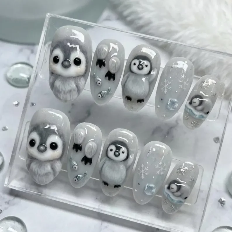 3D Kawaii Baby, Penguin press on, press on nails, custom press on nails, fake nails, Nails Art, stained glass nails, gold press on nails, 3d press on nails, luxury press on nails, handmade press on nails