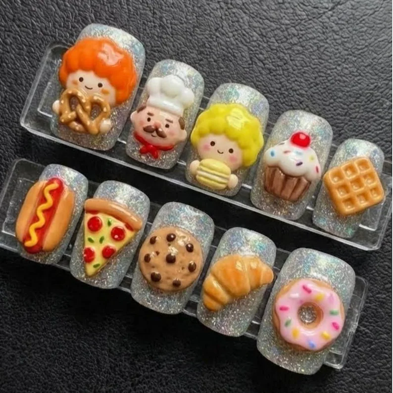 Burger nail charms, Press on nail set, press on nails, custom press on nails, fake nails, Nails Art, stained glass nails, gold press on nails, 3d press on nails, luxury press on nails, handmade press on nails