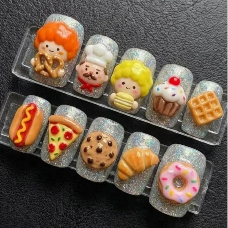 3D Kawaii nails, Bakery press on, press on nails, custom press on nails, fake nails, Nails Art, stained glass nails, gold press on nails, 3d press on nails, luxury press on nails, handmade press on nails