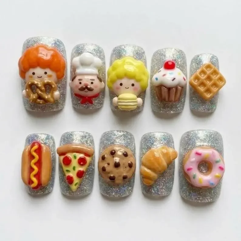Food nail art, Chef nail charms, press on nails, custom press on nails, fake nails, Nails Art, stained glass nails, gold press on nails, 3d press on nails, luxury press on nails, handmade press on nails