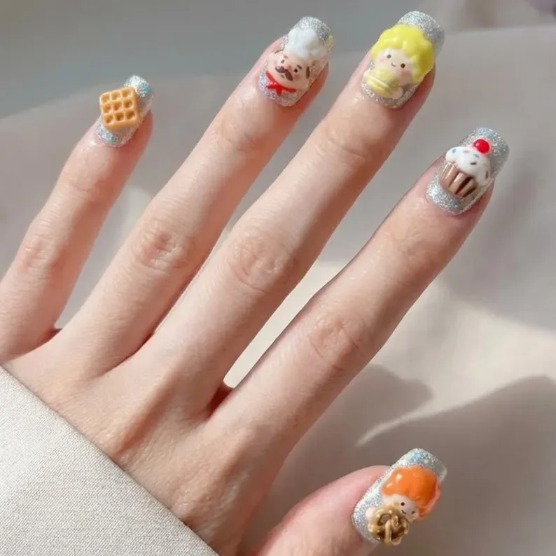 Pizza nail charms, Donut nail charms, press on nails, custom press on nails, fake nails, Nails Art, stained glass nails, gold press on nails, 3d press on nails, luxury press on nails, handmade press on nails