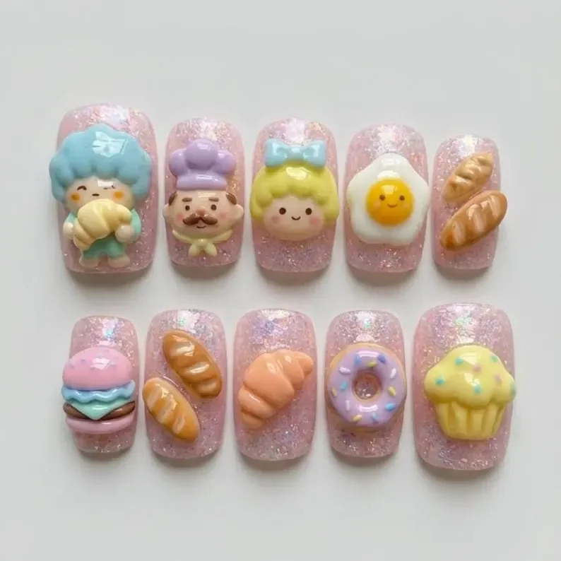 Burger nail charms, Press on nail set, press on nails, custom press on nails, fake nails, Nails Art, stained glass nails, gold press on nails, 3d press on nails, luxury press on nails, handmade press on nails
