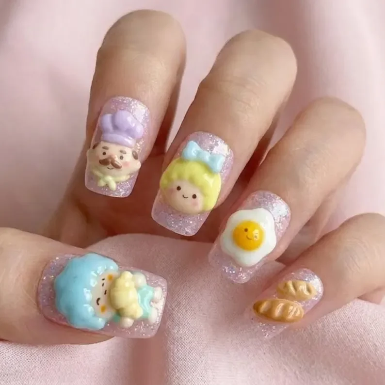 3D Kawaii nails, Bakery press on, press on nails, custom press on nails, fake nails, Nails Art, stained glass nails, gold press on nails, 3d press on nails, luxury press on nails, handmade press on nails