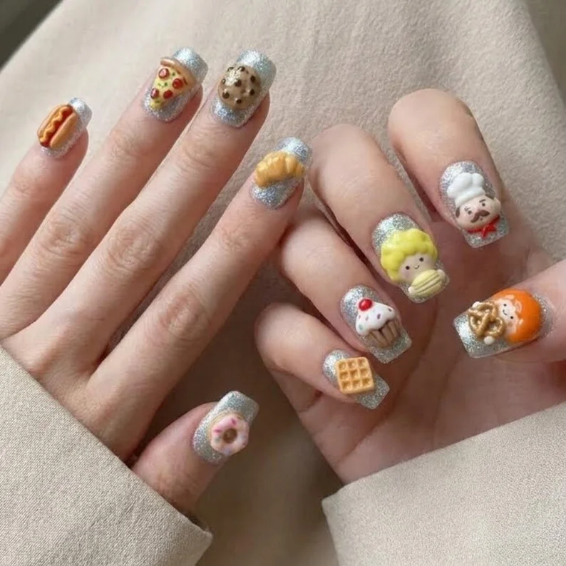 Food nail art, Chef nail charms, press on nails, custom press on nails, fake nails, Nails Art, stained glass nails, gold press on nails, 3d press on nails, luxury press on nails, handmade press on nails