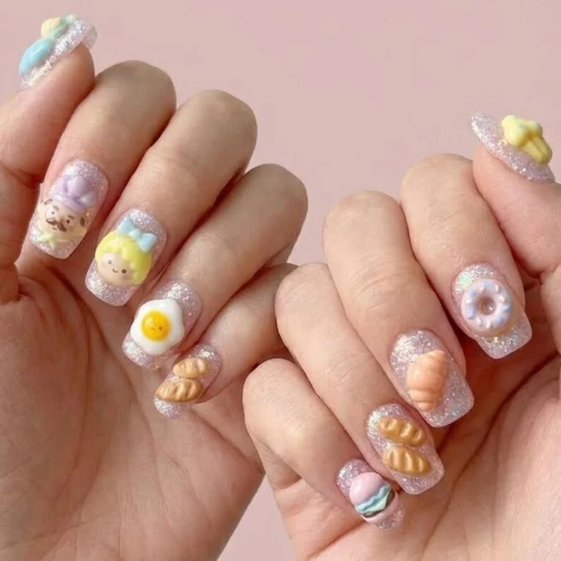 Pizza nail charms, Donut nail charms, press on nails, custom press on nails, fake nails, Nails Art, stained glass nails, gold press on nails, 3d press on nails, luxury press on nails, handmade press on nails