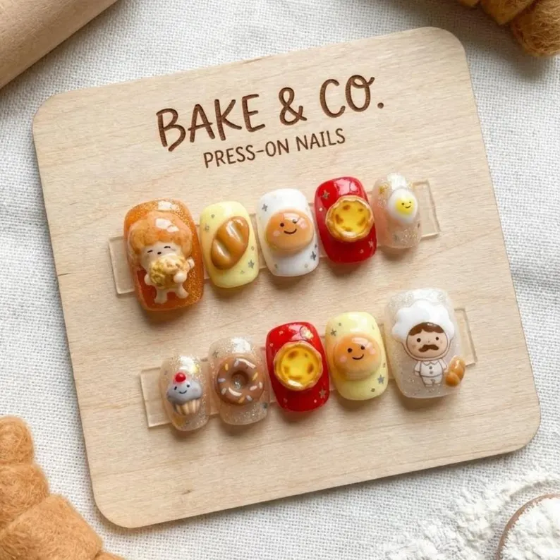 Hand-painted nails, Foodie nail set, press on nails, custom press on nails, fake nails, Nails Art, stained glass nails, gold press on nails, 3d press on nails, luxury press on nails, handmade press on nails