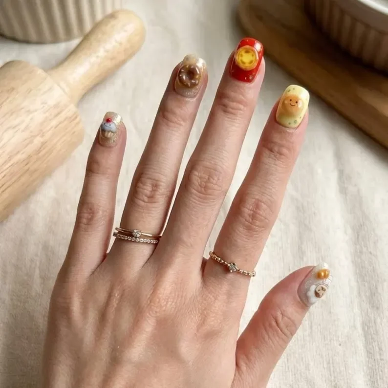 Hand-painted nails, Foodie nail set, press on nails, custom press on nails, fake nails, Nails Art, stained glass nails, gold press on nails, 3d press on nails, luxury press on nails, handmade press on nails
