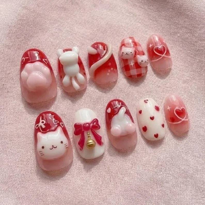 3D Kawaii Cat, Press On Nails, press on nails, custom press on nails, fake nails, Nails Art, stained glass nails, gold press on nails, 3d press on nails, luxury press on nails, handmade press on nails