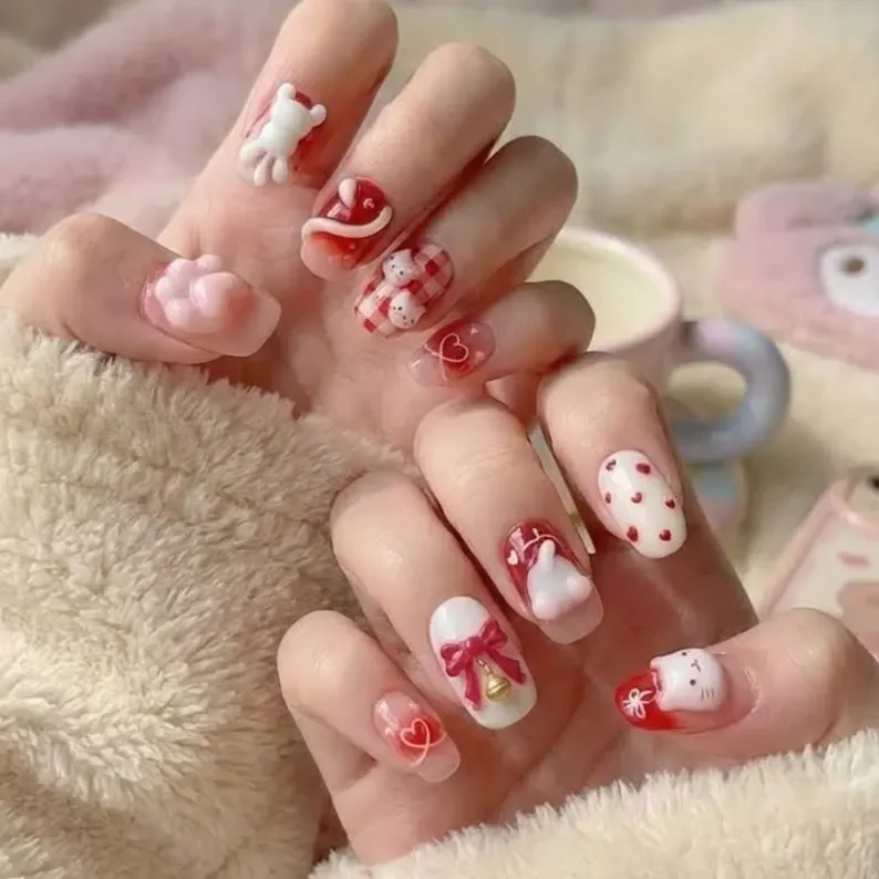 Strawberry Red, Bow Nail Art, press on nails, custom press on nails, fake nails, Nails Art, stained glass nails, gold press on nails, 3d press on nails, luxury press on nails, handmade press on nails